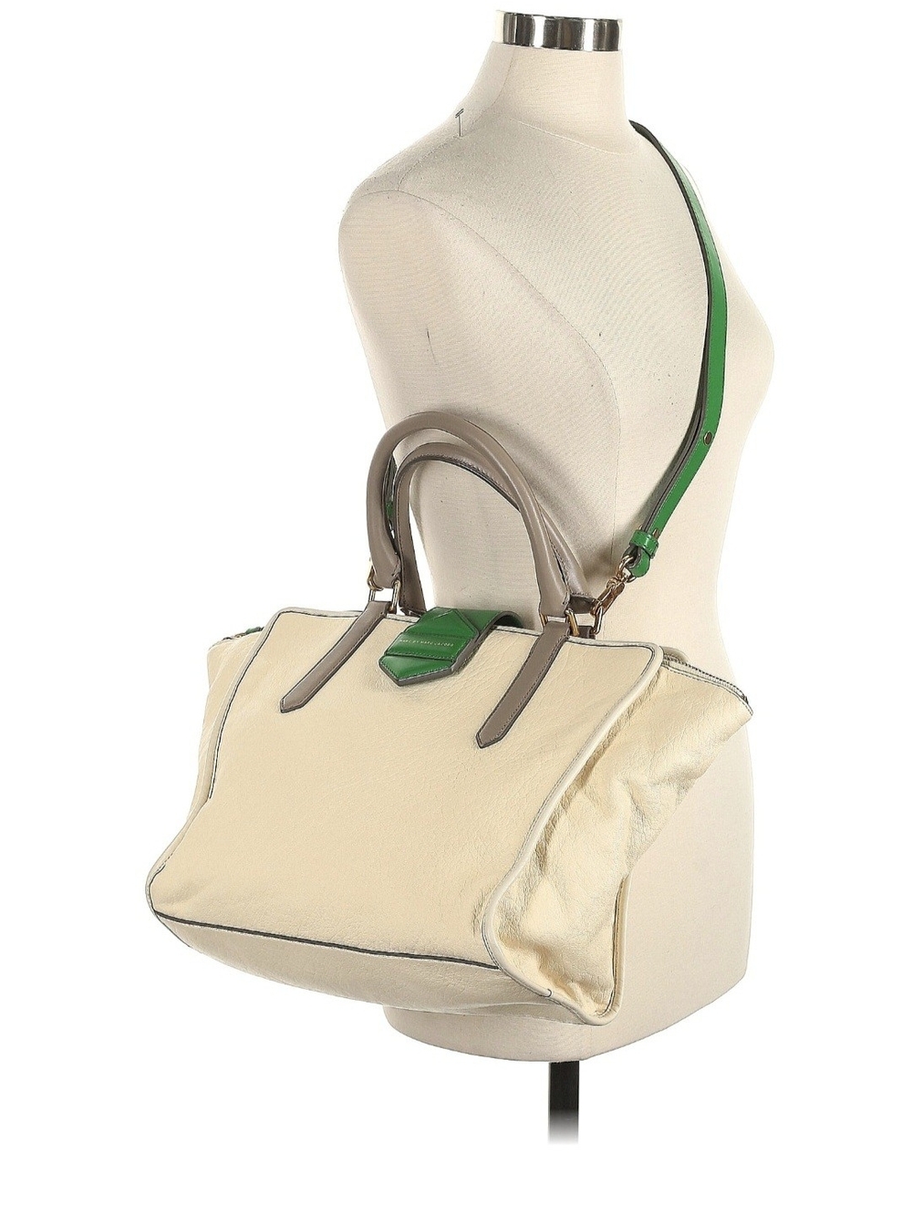 Marc Jacobs Cream Leather Tote with Taupe Handles and Green Strap